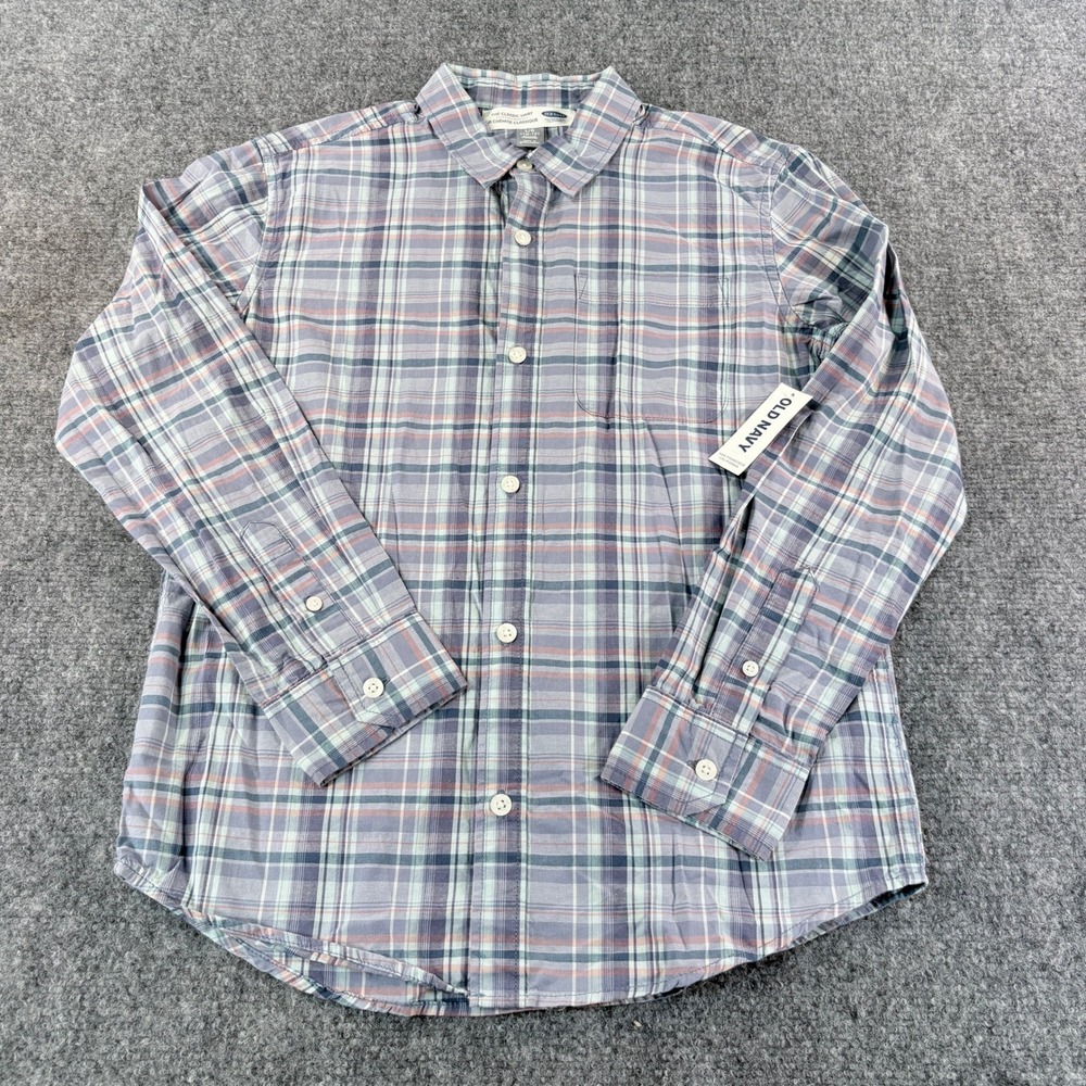 Old Navy Boys Plaid Button Down Shirt Blue Grey Orange L 10-12 The Classic Shirt